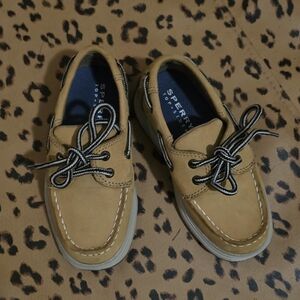 Sperry Boys Tan Leather Lace Up loafers top-sider Boat‎ Shoes Size 9.5